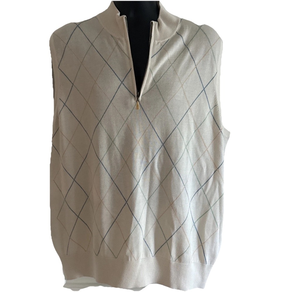 Peter Millar Luxury Blend Cream Cotton Cashmere Argyle Golf Vest Men's XL‎